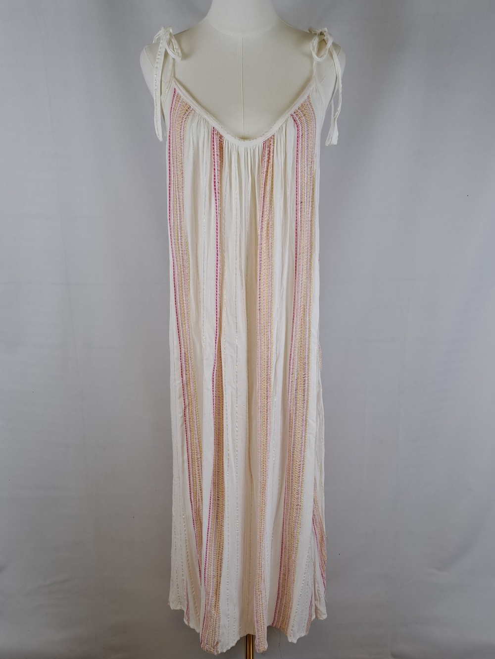 Elan White Metallic Stripe Tie Shoulder Flowy Maxi Dress Beach Boho Chic OS